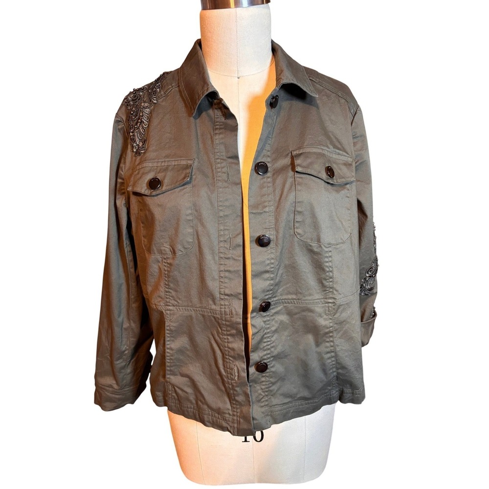 Chico's Utility Jacket Womens 2P Olive Green Excellent Beaded Floral Embroidery - Picture 3 of 9
